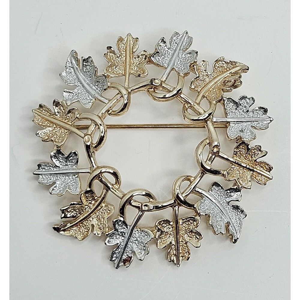 Vintage Sarah Coventry Garland Wreath Pin Silver Gold Tone Maple Leaf Brooch